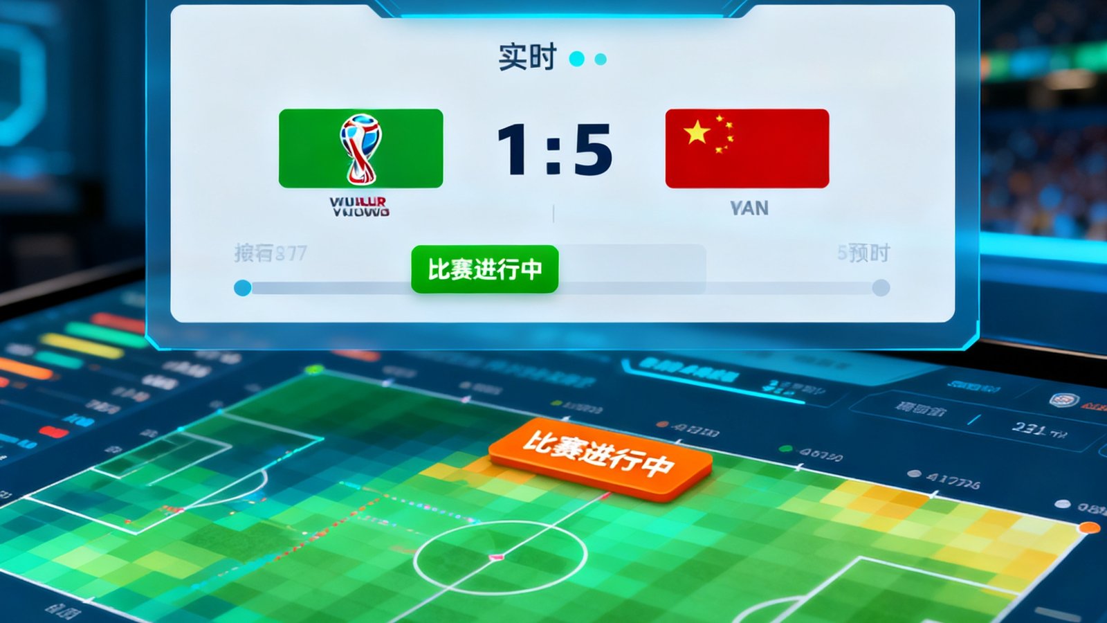 世界杯AI预测仪表盘显示实时比分与赛程热力图，绿色和橙色区块表示比赛进行中